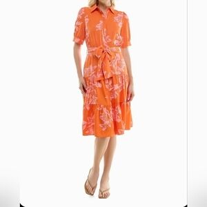 Nicole Miller Tiered Shirtdress Orange Pink Flowers Button Down Short Sleeve 10